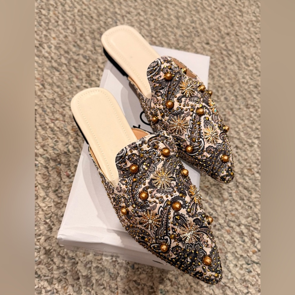 Ornate Gold and Black Embellished Mules